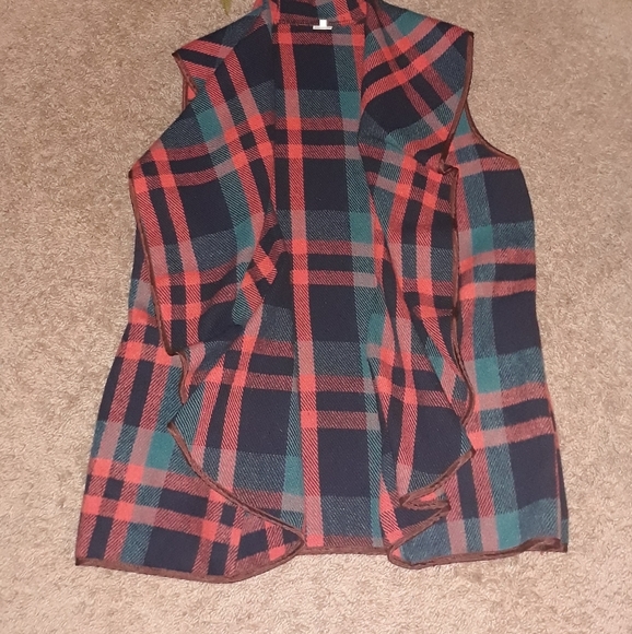 Multicolored (Size L) Plaid Drape Open Front Casual Fall Vest Cardigan w Pockets - Picture 2 of 8